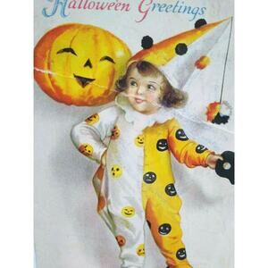 Halloween Postcard Ellen Clapsaddle Wolf Series 31 Lil Girl Clown Vintage RARE